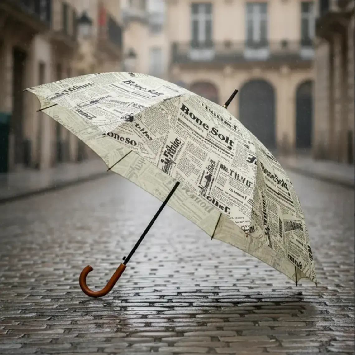 Paraguas Largo Diseño Periódico Vintage Con Mango Curvo 6