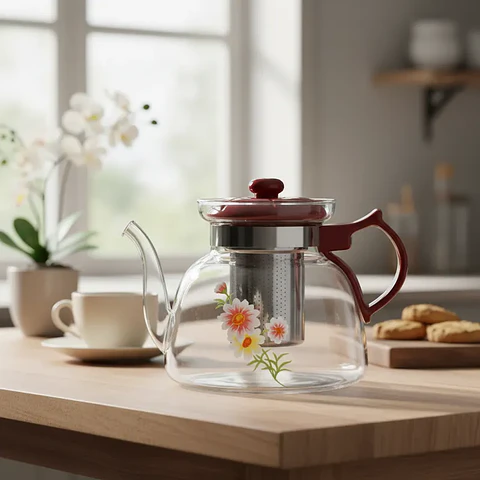 Tetera de Vidrio con Infusor de Acero 1400ml Diseño Floral