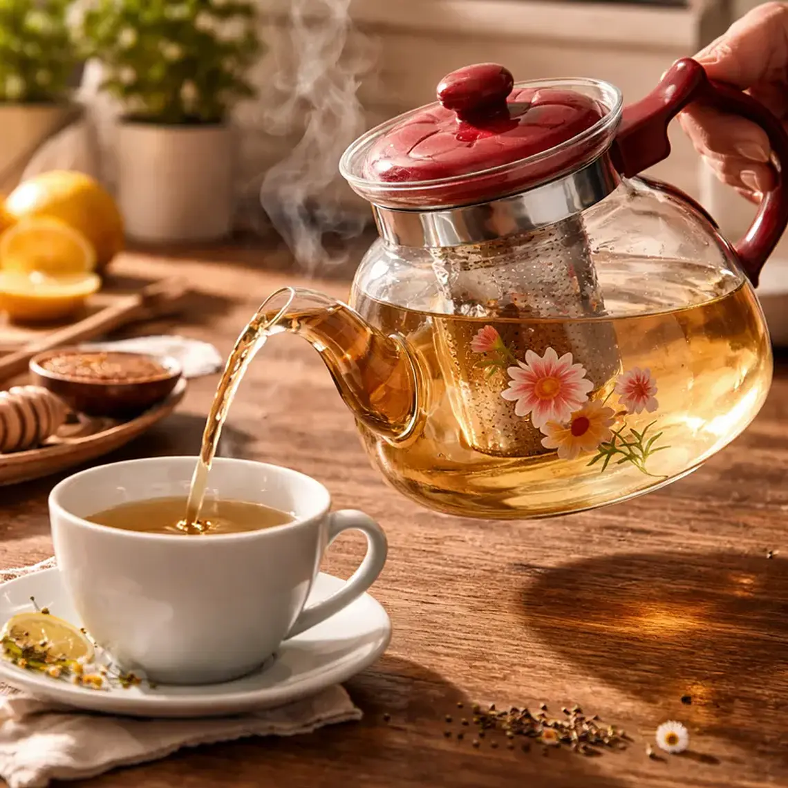 Tetera de Vidrio con Infusor de Acero 1400ml Diseño Floral 4