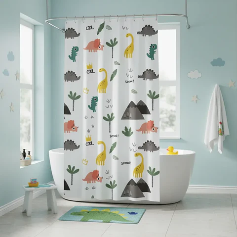 Cortina De Baño Infantil Diseño Dinosaurios Peva 180x180cm