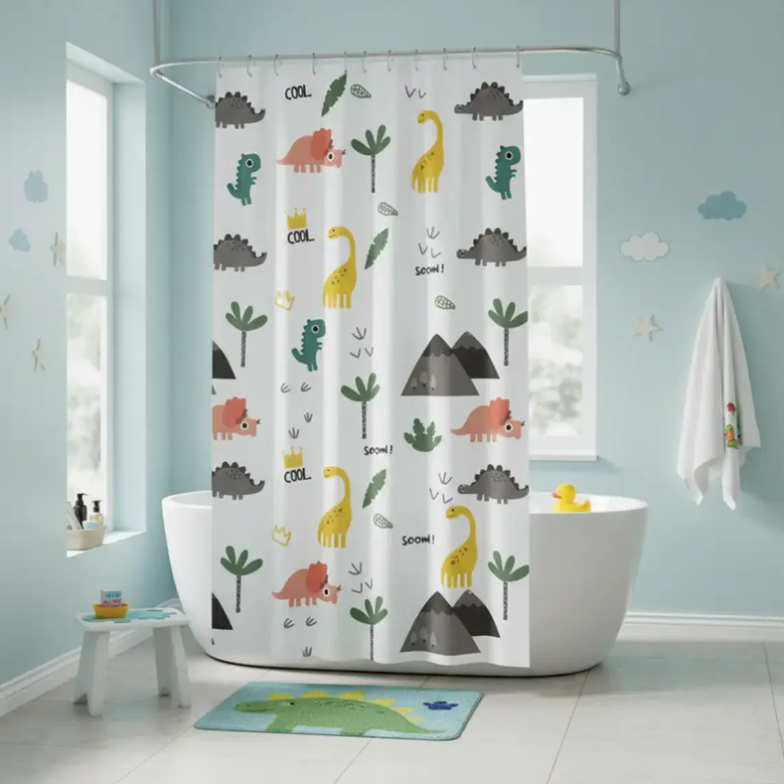 Cortina De Baño Infantil Diseño Dinosaurios Peva 180x180cm 1