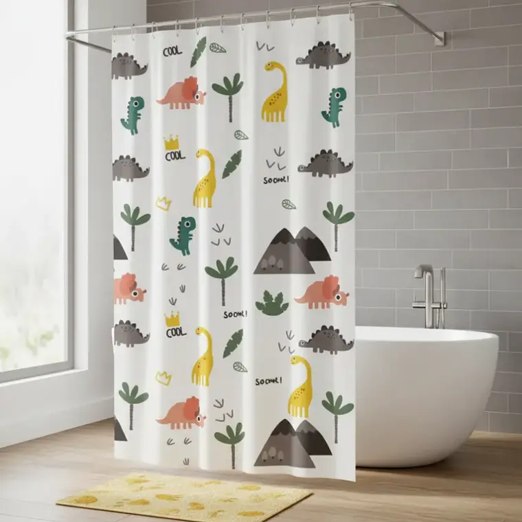 Cortina De Baño Infantil Diseño Dinosaurios Peva 180x180cm 4