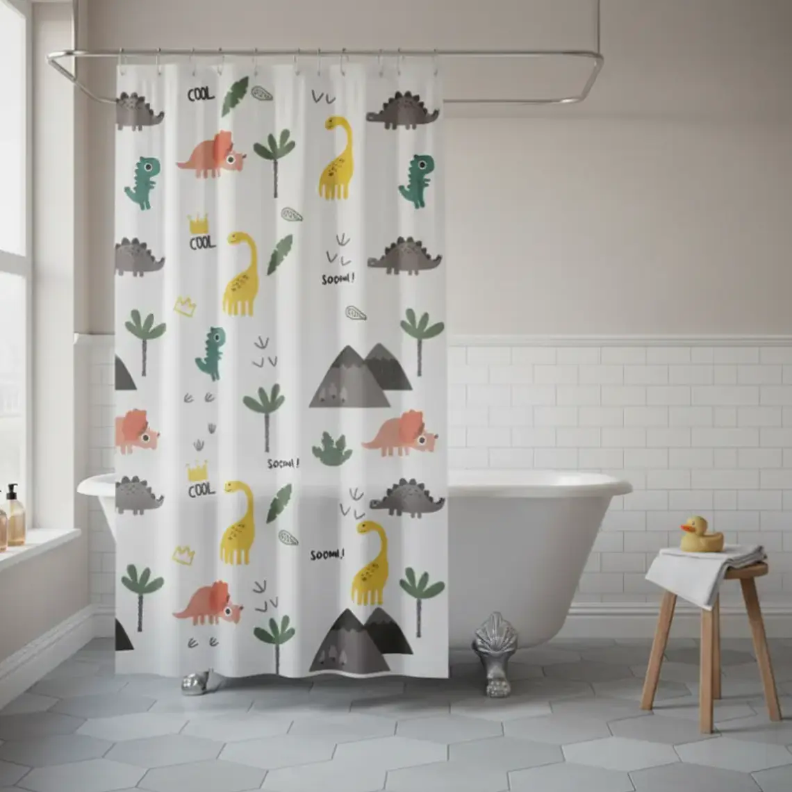 Cortina De Baño Infantil Diseño Dinosaurios Peva 180x180cm 5