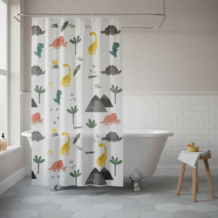 Cortina De Baño Infantil Diseño Dinosaurios Peva 180x180cm 5