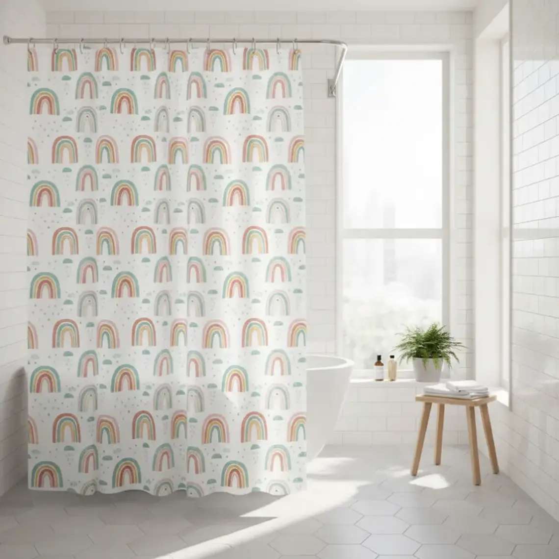 Cortina De Baño Peva 180x180cm Diseño Arcoíris Con Ganchos 4