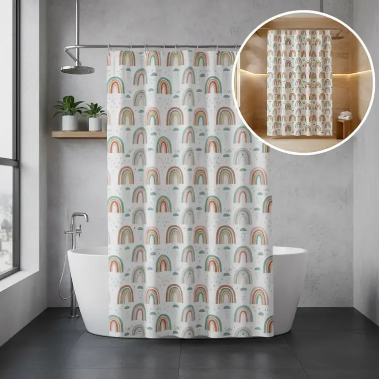 Cortina De Baño Peva 180x180cm Diseño Arcoíris Con Ganchos 5