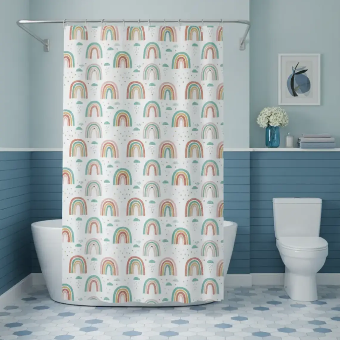 Cortina De Baño Peva 180x180cm Diseño Arcoíris Con Ganchos 6