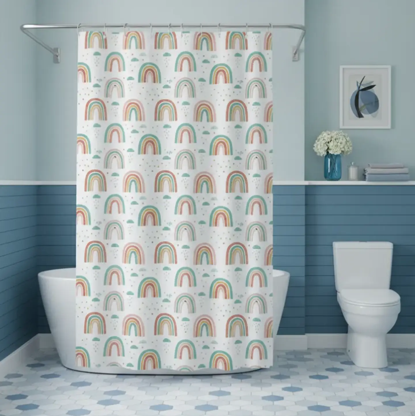 Cortina De Baño Peva 180x180cm Diseño Arcoíris Con Ganchos 6