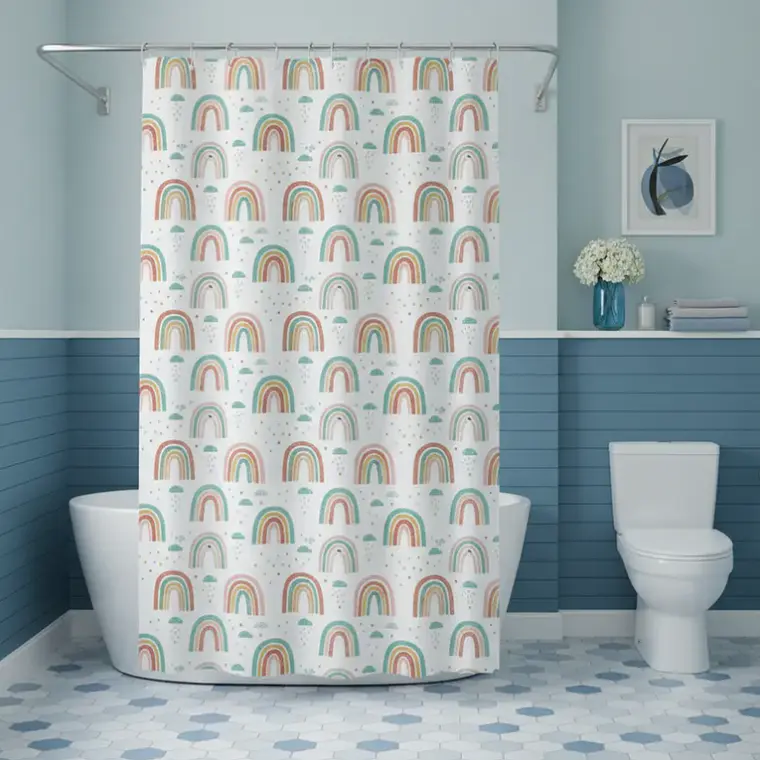 Cortina De Baño Peva 180x180cm Diseño Arcoíris Con Ganchos 6