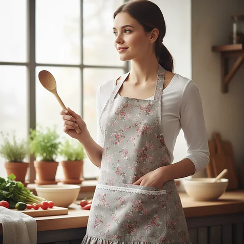 Delantal de Cocina Vintage con Flores y Bolsillo para Mujer 70cm