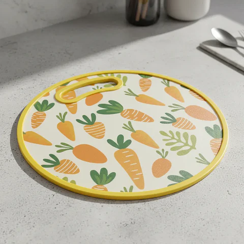 Tabla de Picar Plástica Redonda 30cm con Asa Diseño Zanahoria