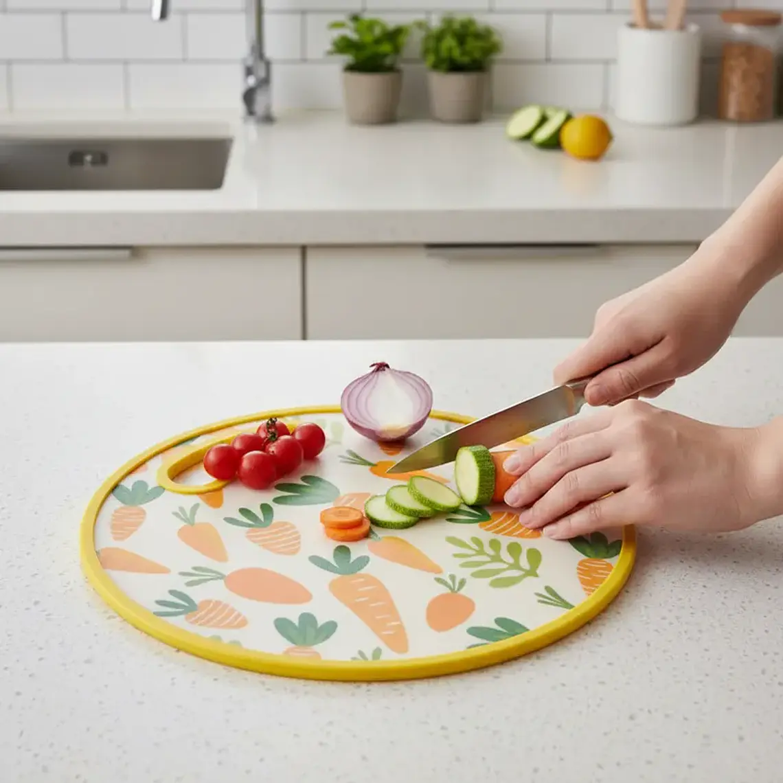 Tabla de Picar Plástica Redonda 30cm con Asa Diseño Zanahoria 3