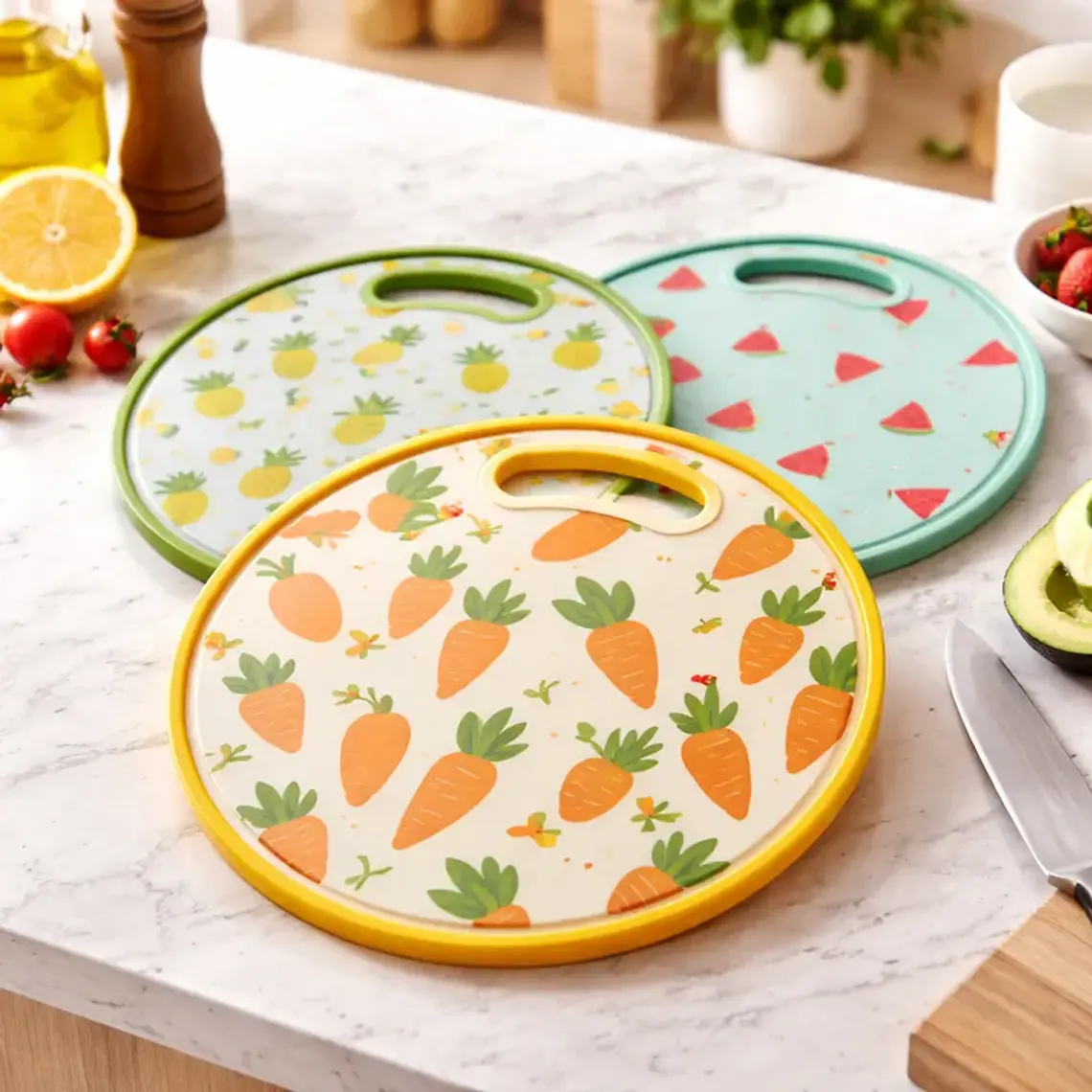Tabla de Picar Plástica Redonda 30cm con Asa Diseño Zanahoria 4