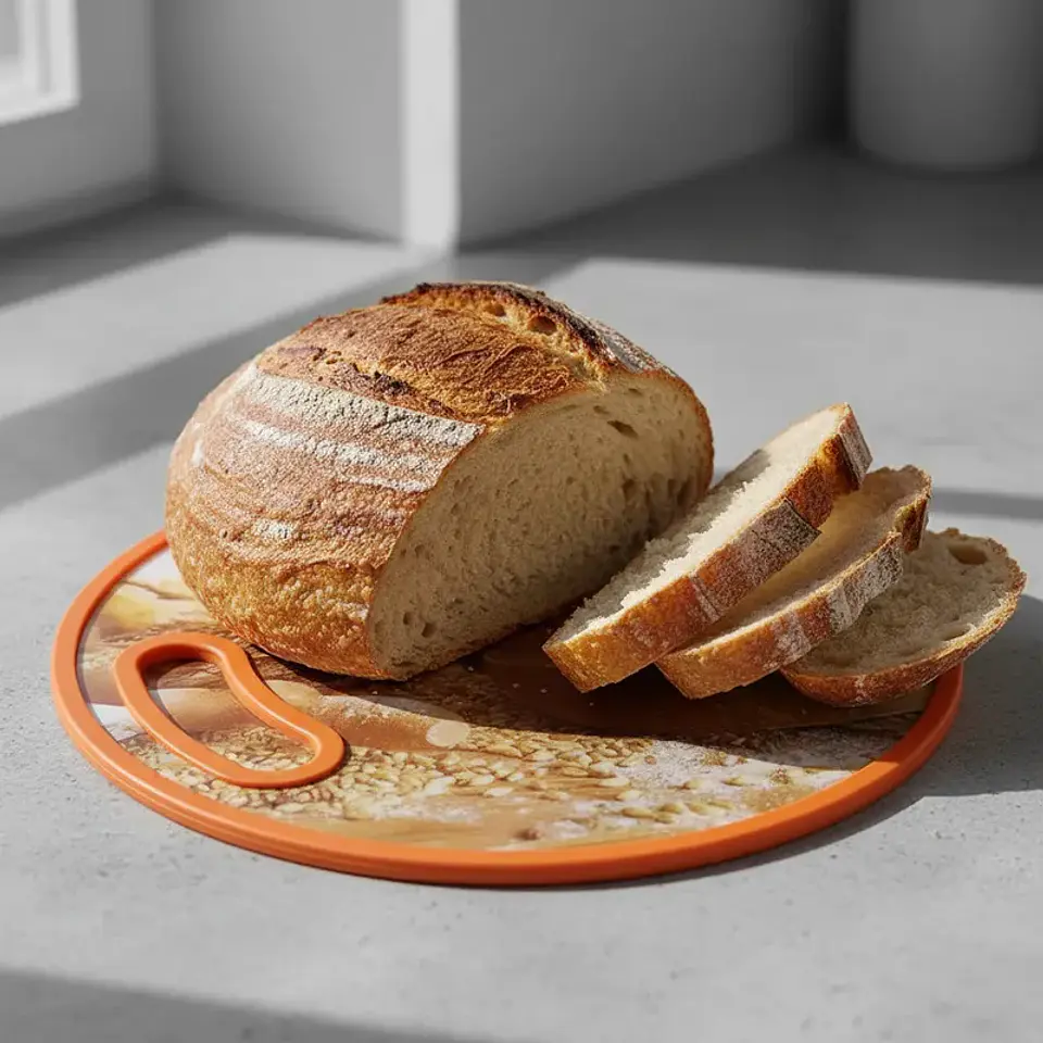Tabla de Cortar Redonda Plástica con Mango Diseño Pan 30CM 2