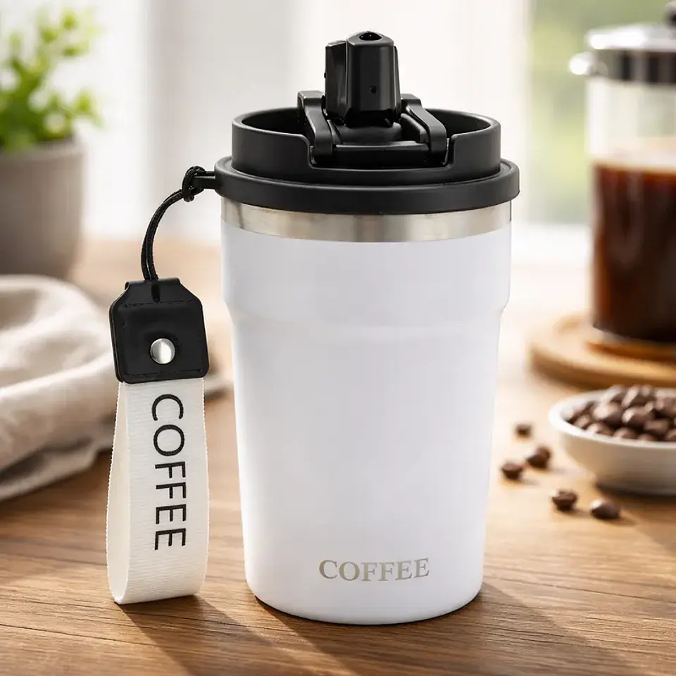 Vaso Térmico Para Café 400ml Portátil Con Tapa Y Correa 1
