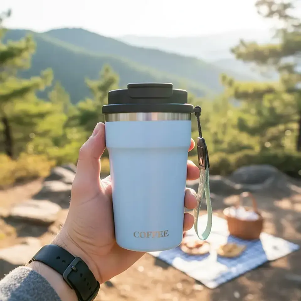 Vaso Térmico Para Café 400ml Portátil Con Tapa Y Correa 5