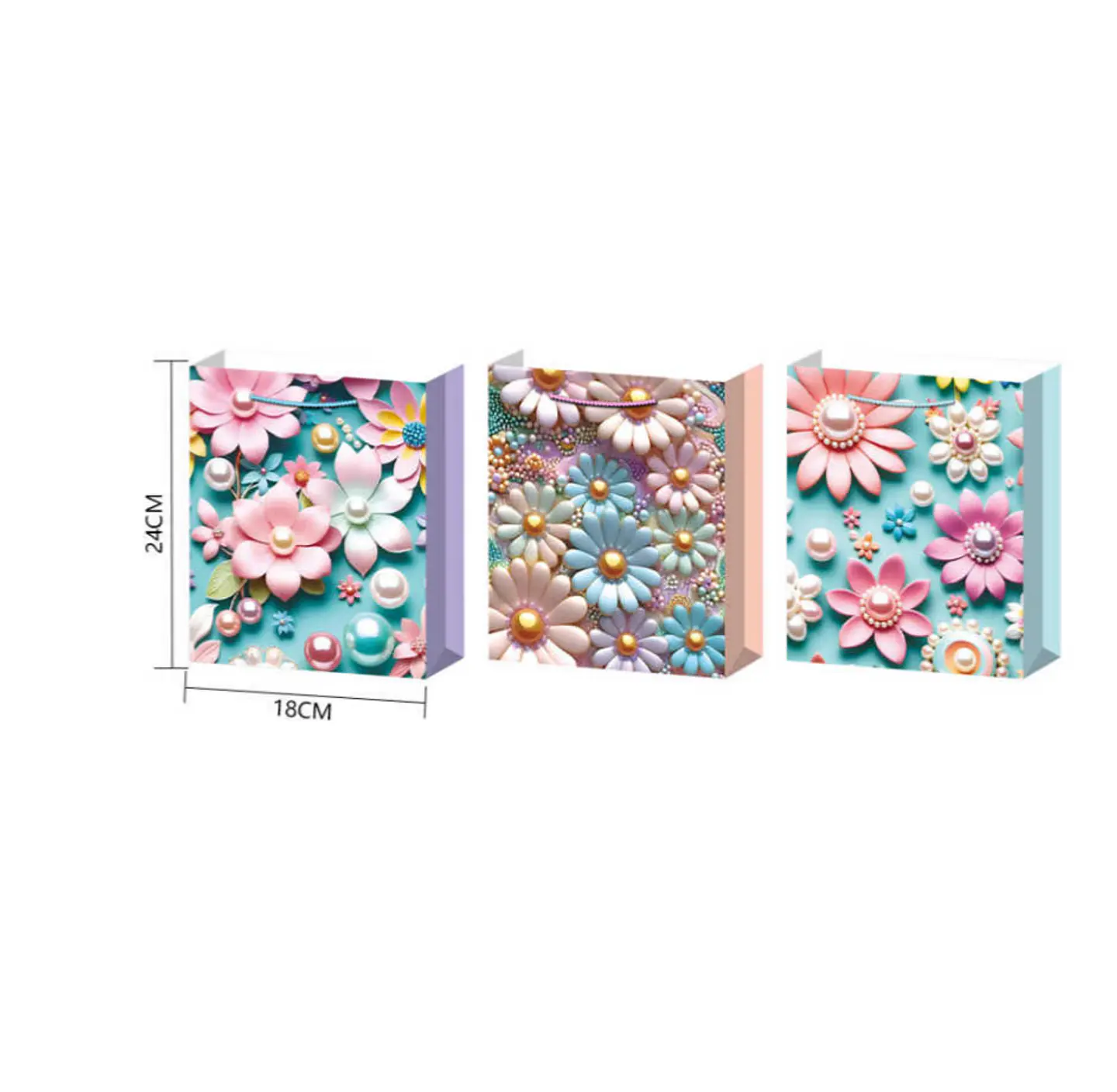Set x12 Bolsa de Regalo Mediana Flores 3D Pastel 18x24x8.5cm 3