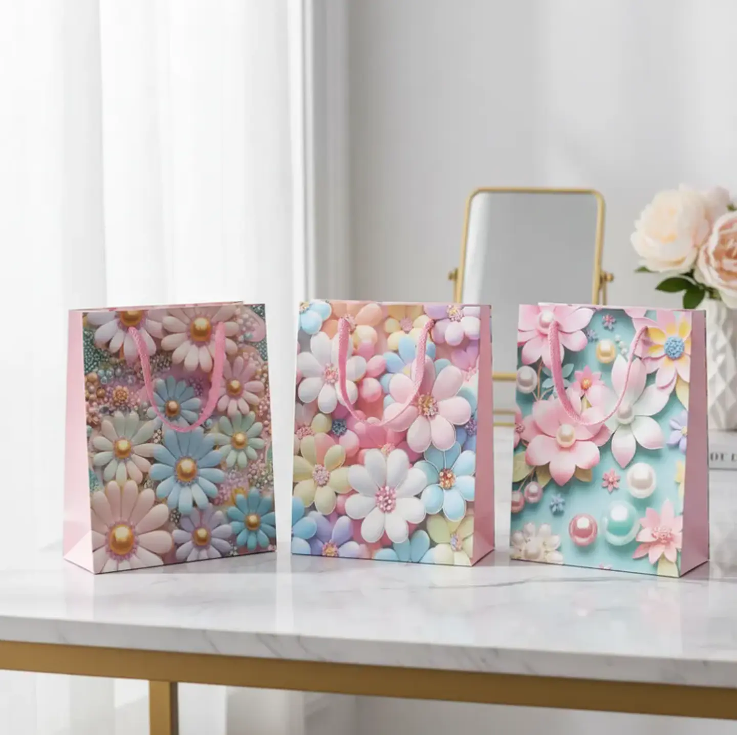Set x12 Bolsa de Regalo Mediana Flores 3D Pastel 18x24x8.5cm 4