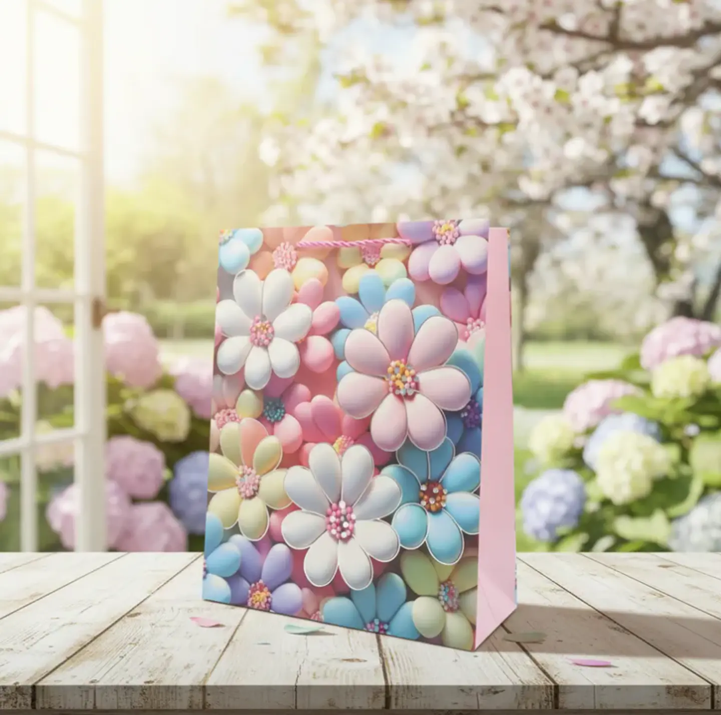 Set x12 Bolsa de Regalo Mediana Flores 3D Pastel 18x24x8.5cm 6