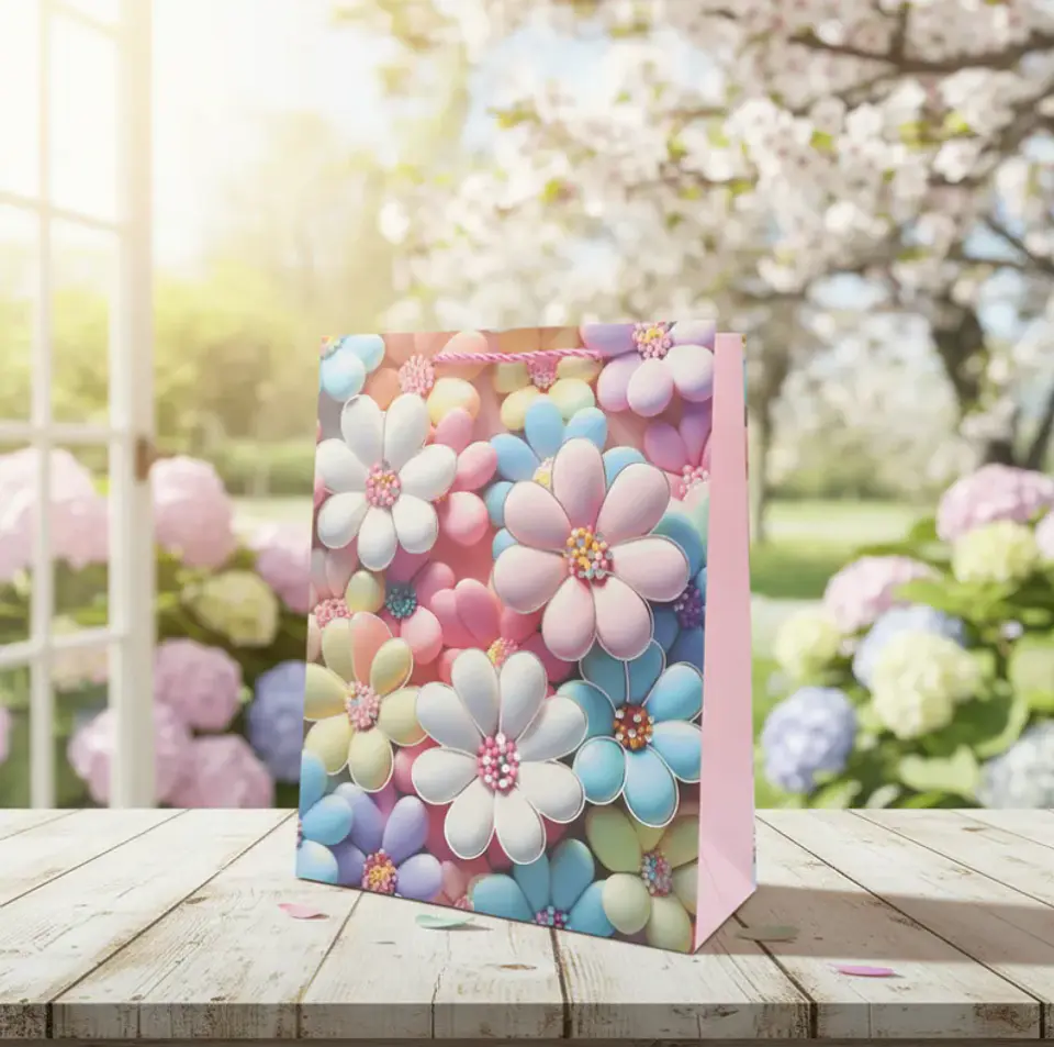 Set x12 Bolsa de Regalo Mediana Flores 3D Pastel 18x24x8.5cm 6