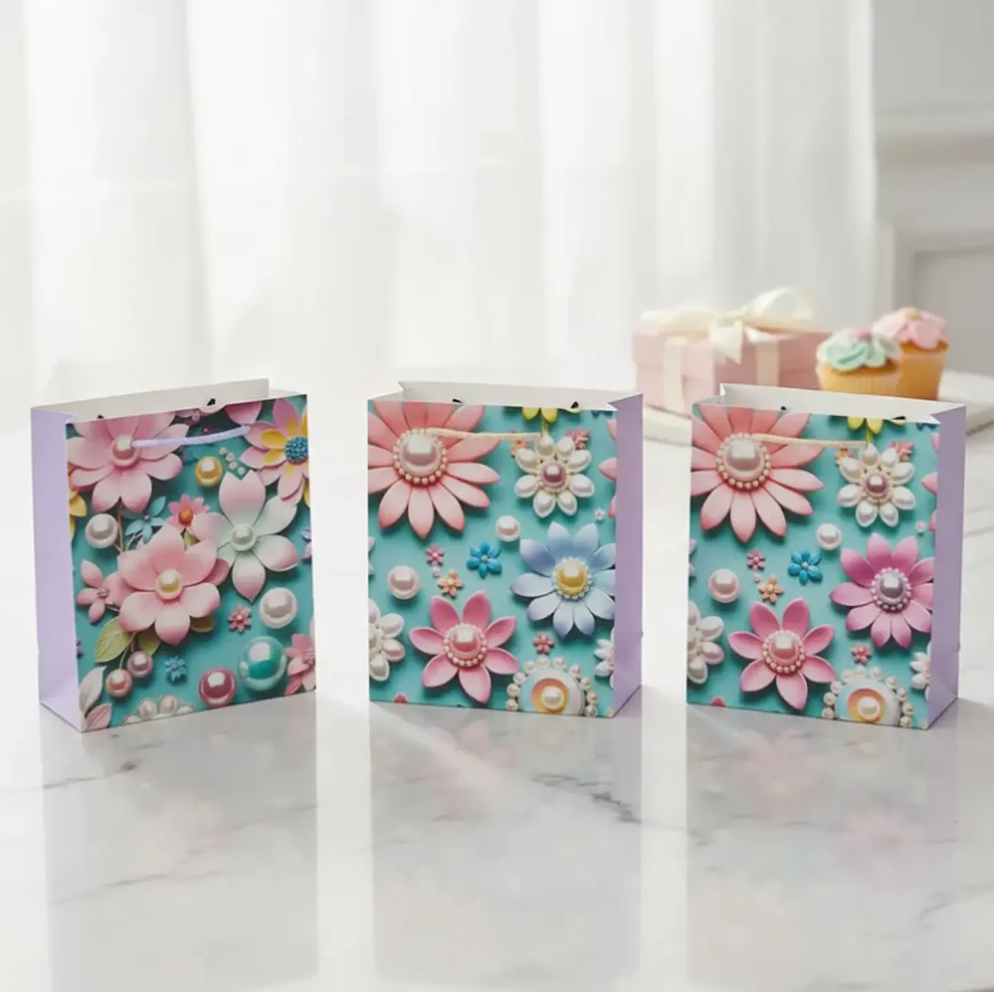 Set x12 Bolsa de Regalo Mediana Flores 3D Pastel 18x24x8.5cm 2