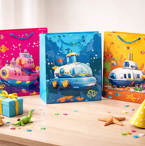 Set x12 Bolsa De Regalo Infantil Submarino 3D Grande 40x31x12cm