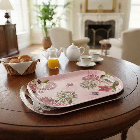 Bandeja Plástica 45cm con Asas Diseño Floral y Café