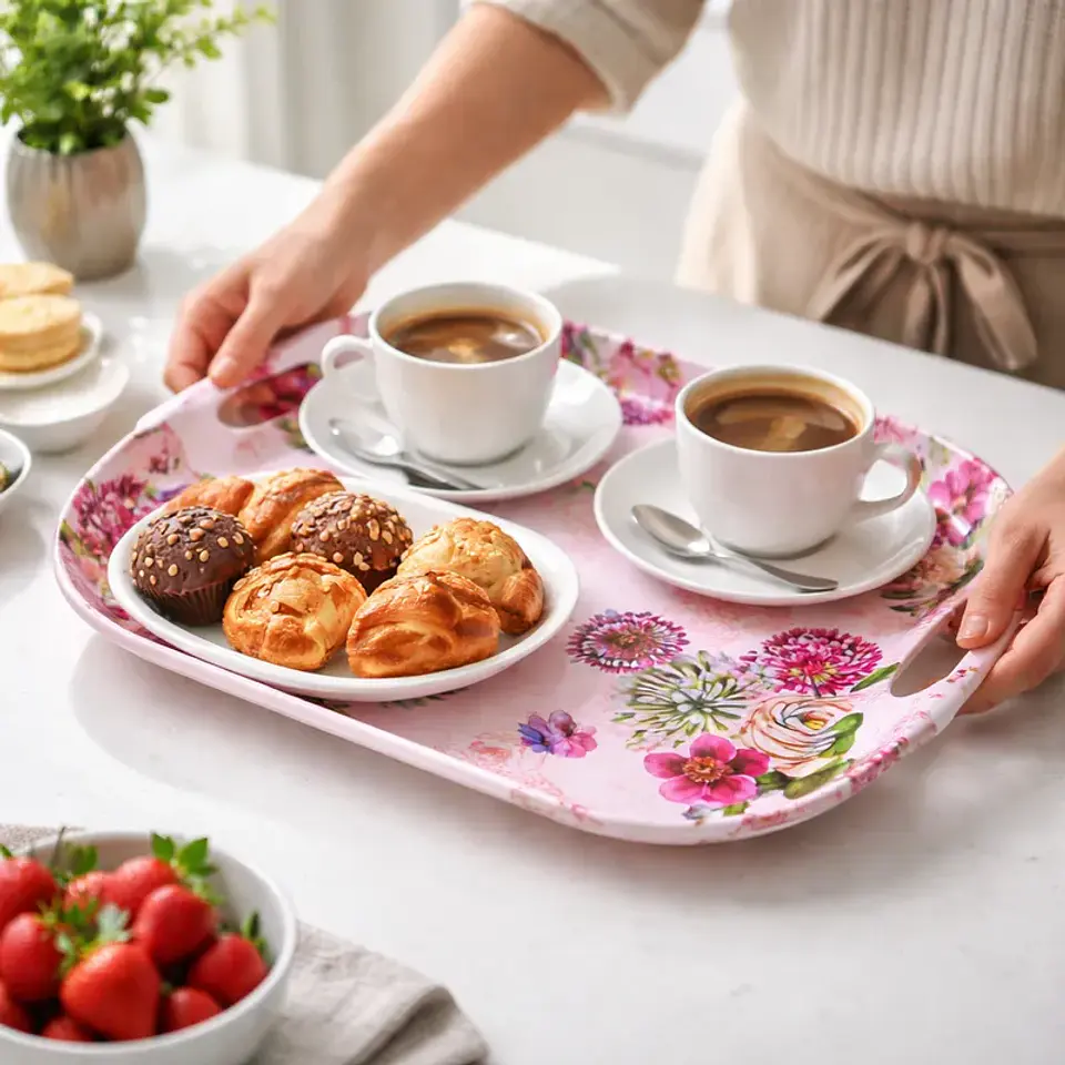 Bandeja Plástica para Servir 37.5 cm con Asas Diseño Floral  1