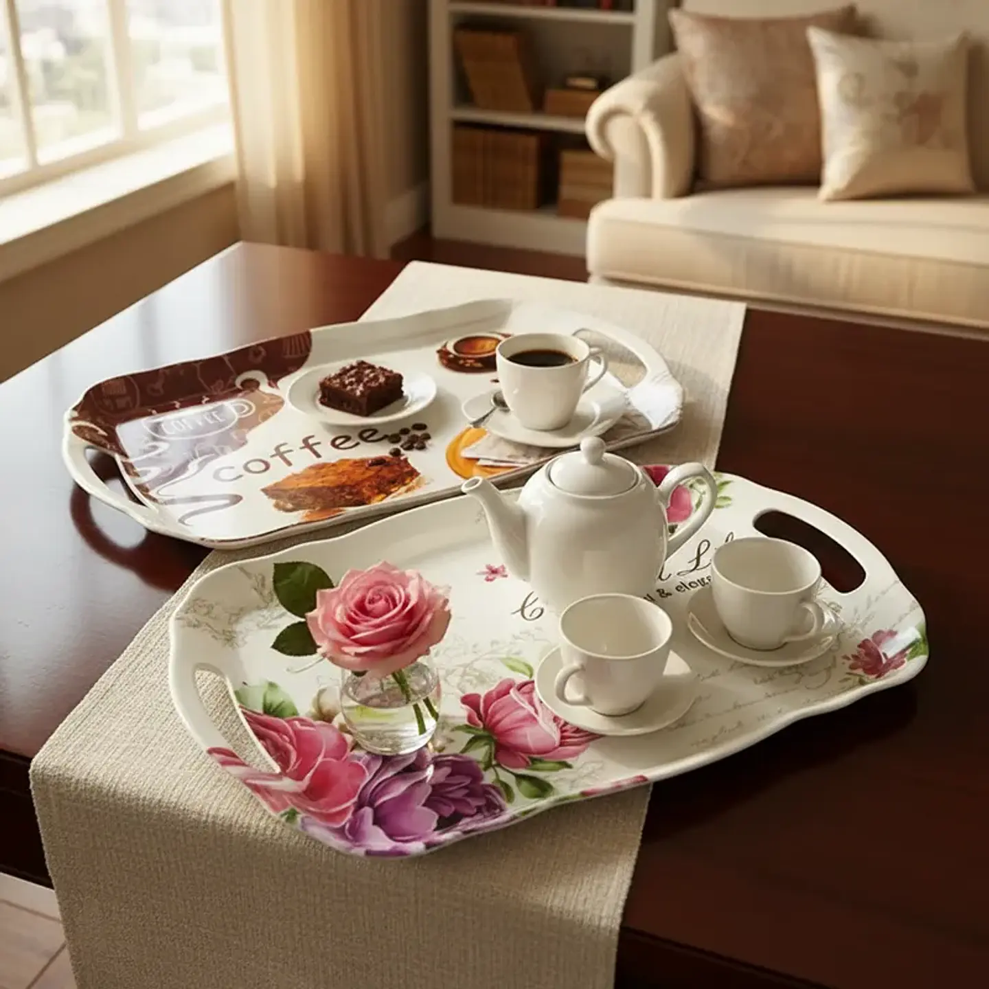 Bandeja Plástica con Asas 45cm Diseño Café y Floral 5
