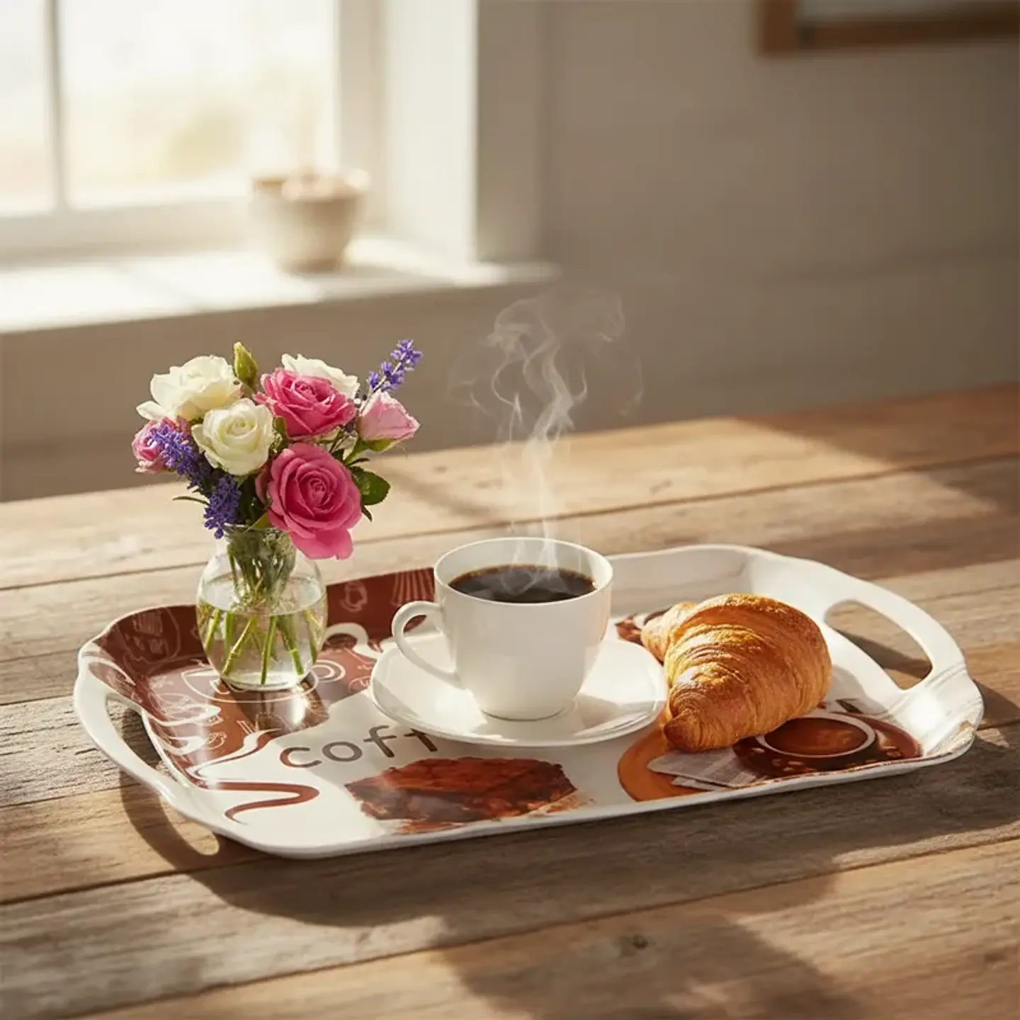 Bandeja Melamina 40cm con Asas Diseño Café y Flores 1