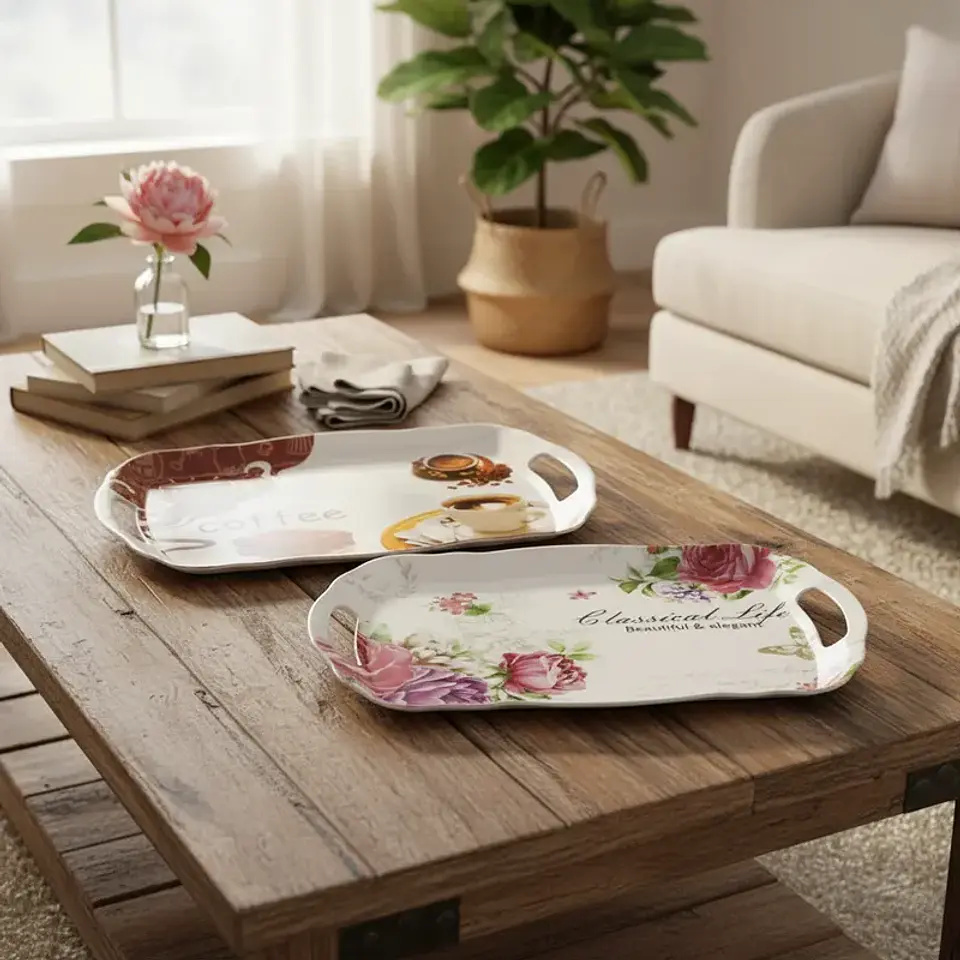Bandeja Melamina 40cm con Asas Diseño Café y Flores 5