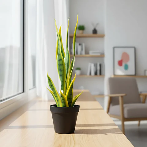 Planta Artificial Lengua De Suegra Con Macetero Negro