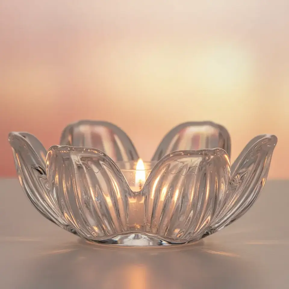 Portavela de Vidrio Transparente con Diseño Flor de Loto 2