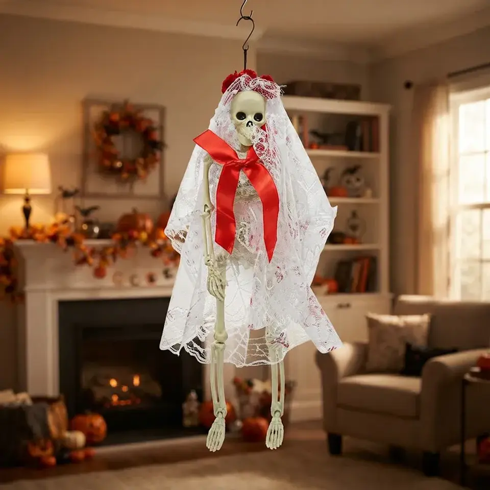 Esqueleto Colgante Novia Fantasma Decoración Halloween 38cm 2
