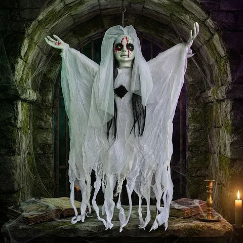 Muñeco Novia Fantasma Decorativo Halloween Luz Y Sonido 50cm