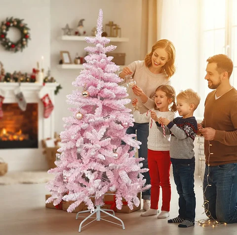 Árbol De Navidad Artificial Rosado 150 Cm Con Base Metálica