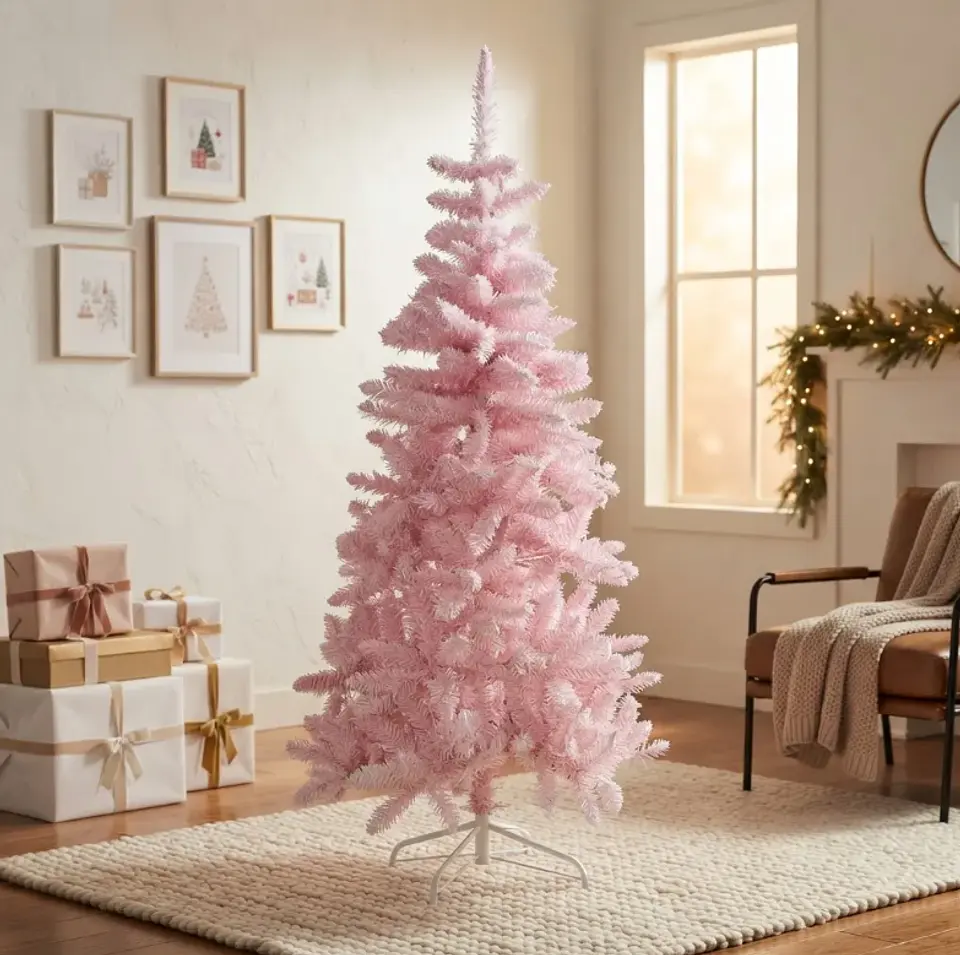 Árbol De Navidad Artificial Rosado 150 Cm Con Base Metálica 3