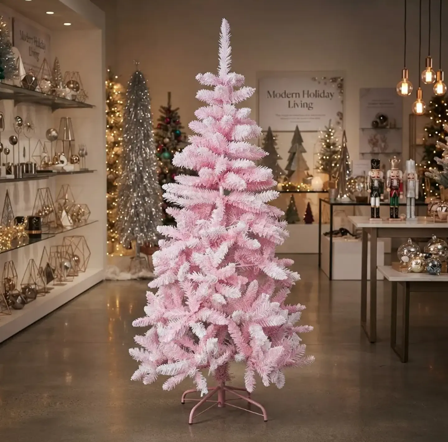 Árbol De Navidad Artificial Rosado 150 Cm Con Base Metálica 4