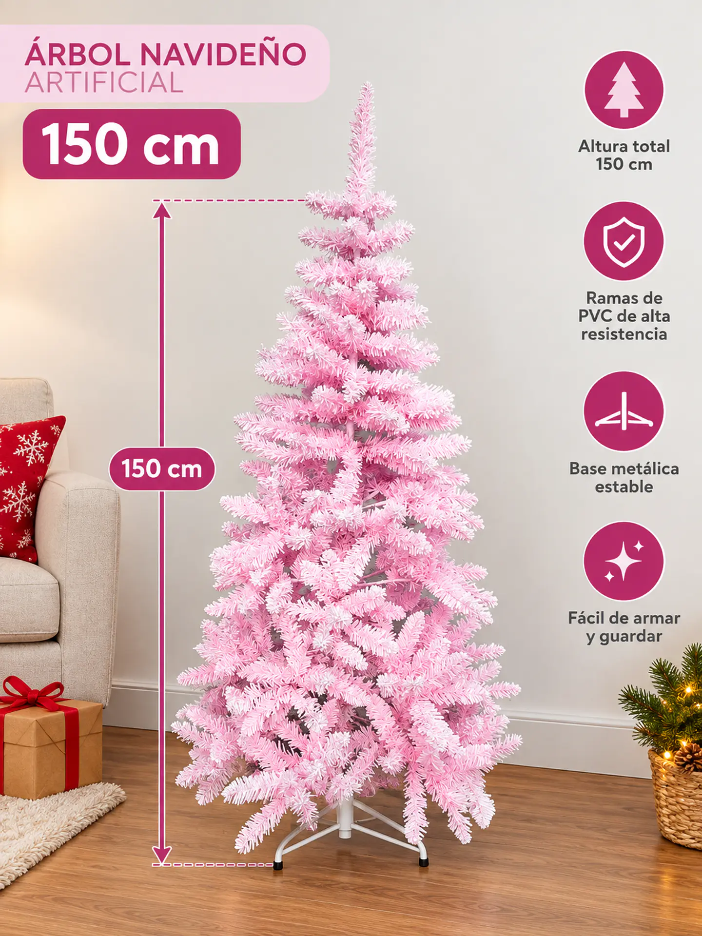 Árbol De Navidad Artificial Rosado 150 Cm Con Base Metálica 5