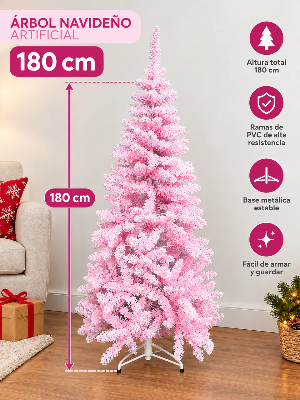 Árbol de Navidad Artificial Rosado 180 cm con Base Metálica 3