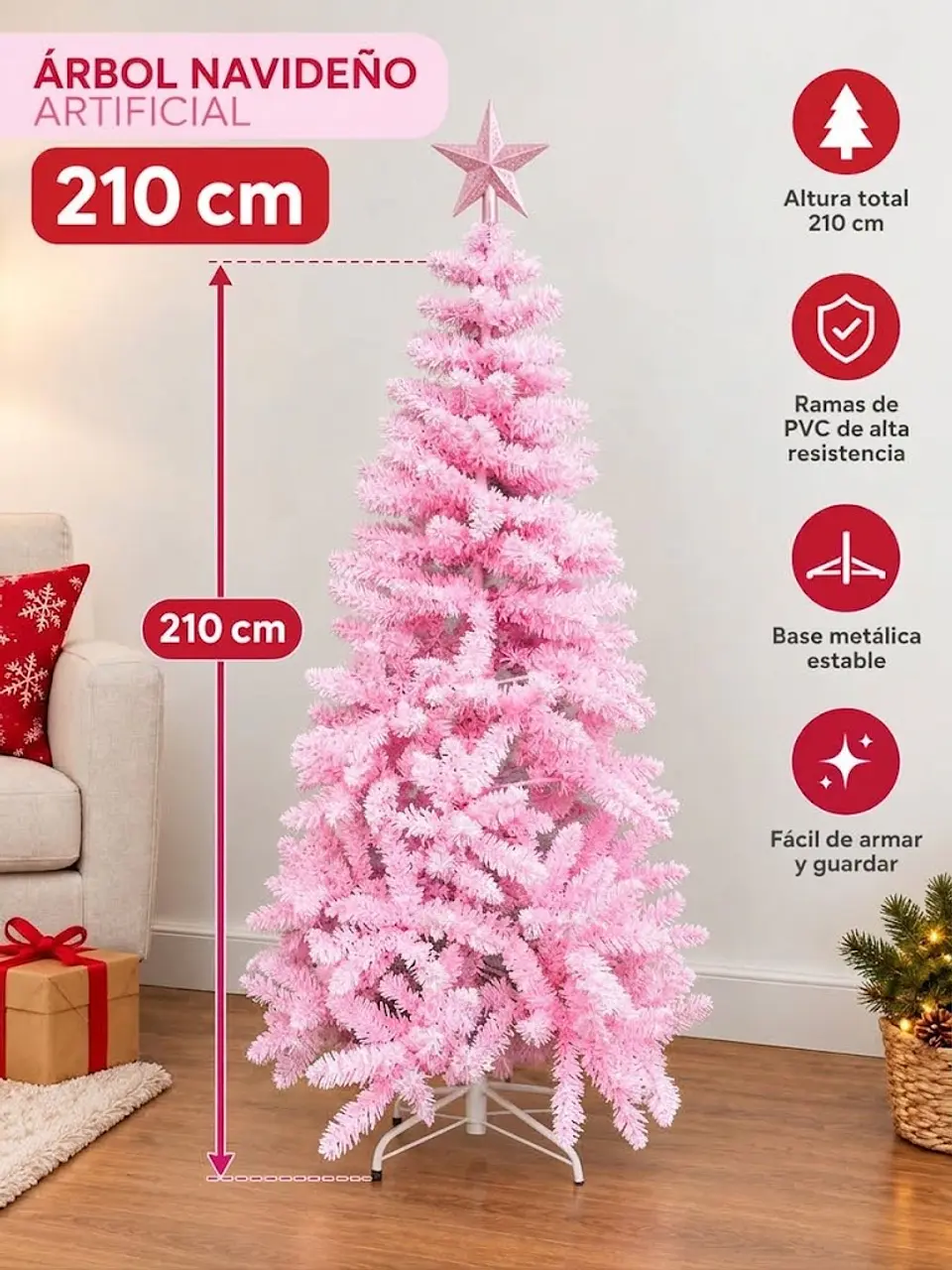 Árbol De Navidad Artificial Rosado 210 Cm Con Base Metálica 850 Ramas  2