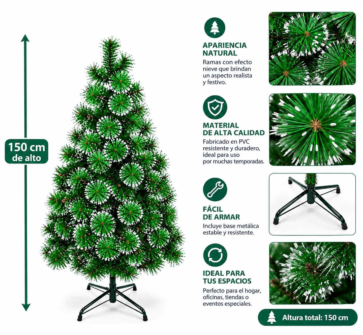 Árbol De Navidad Artificial Verde 150 Cm Con Base Metálica 5