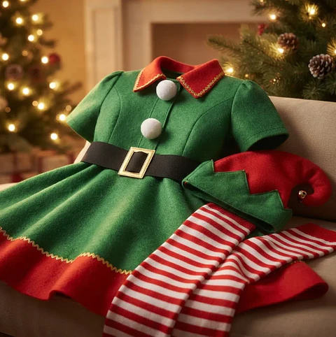 Disfraz De Duende Navidad Para Adulto Con Vestido Verde.