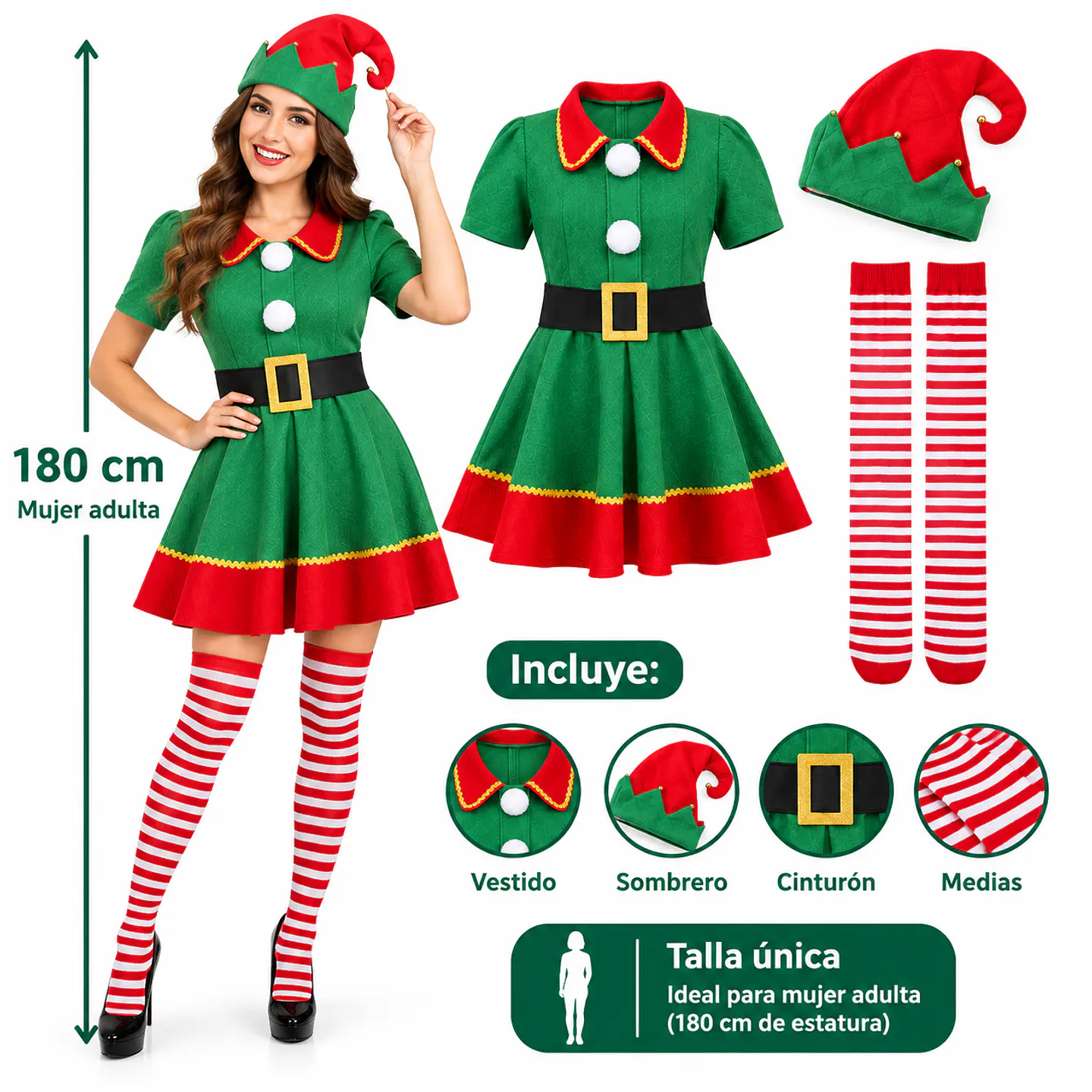 Disfraz De Duende Navidad Para Adulto Con Vestido Verde. 4