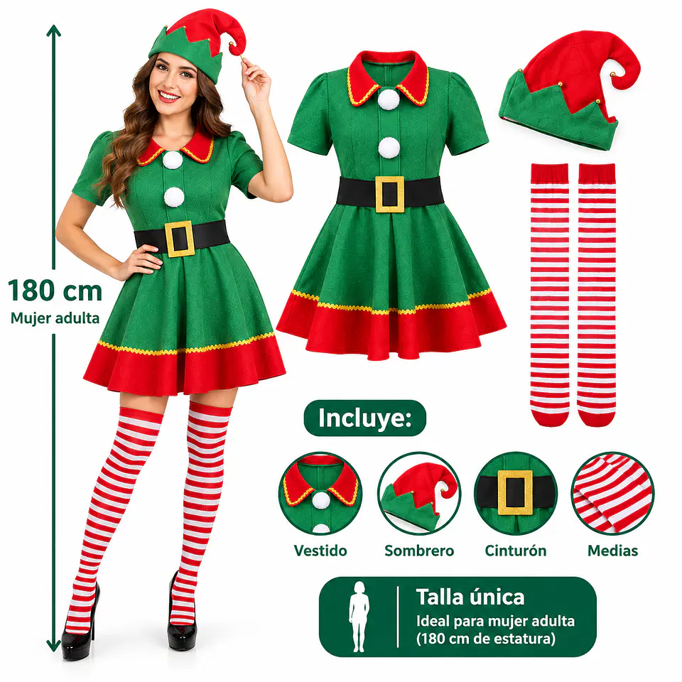 Disfraz De Duende Navidad Para Adulto Con Vestido Verde. 4