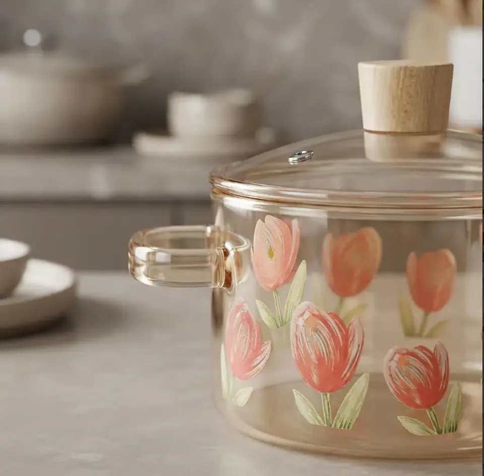 Olla De Vidrio 2.5 L Diseño De Tulipanes Y Doble Asa 2