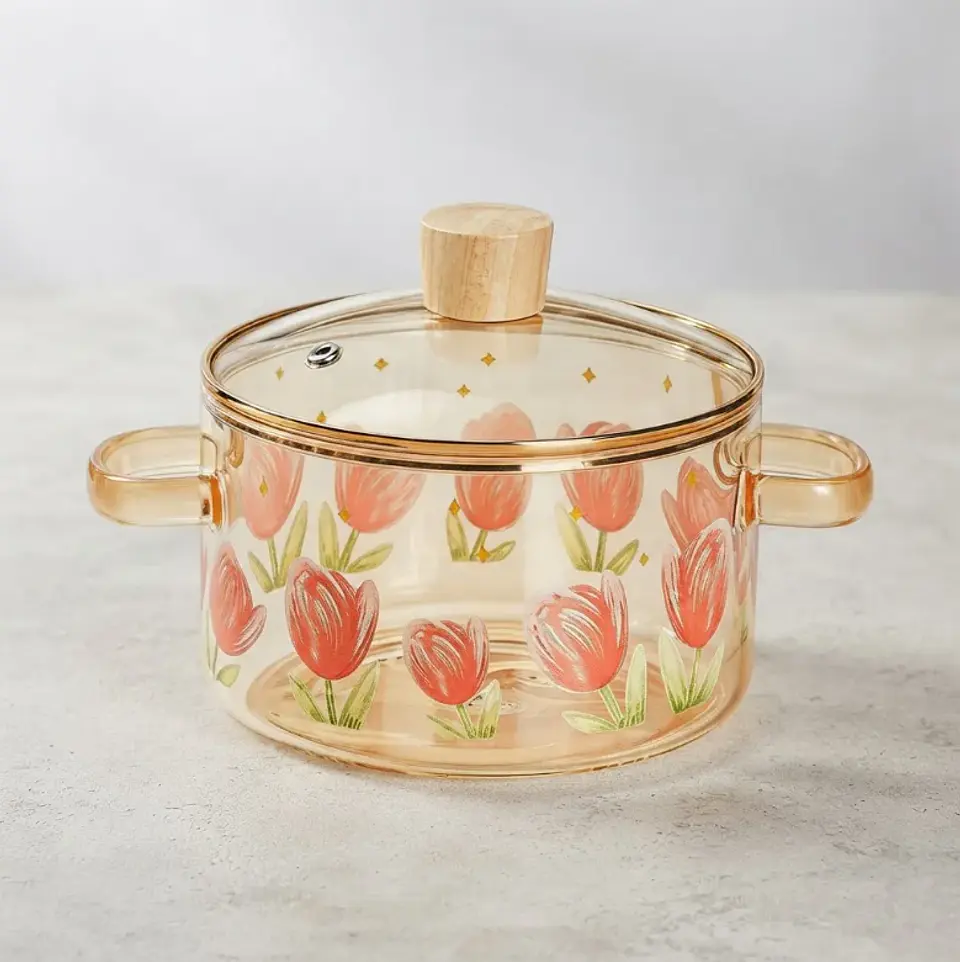 Olla De Vidrio 2.5 L Diseño De Tulipanes Y Doble Asa 1