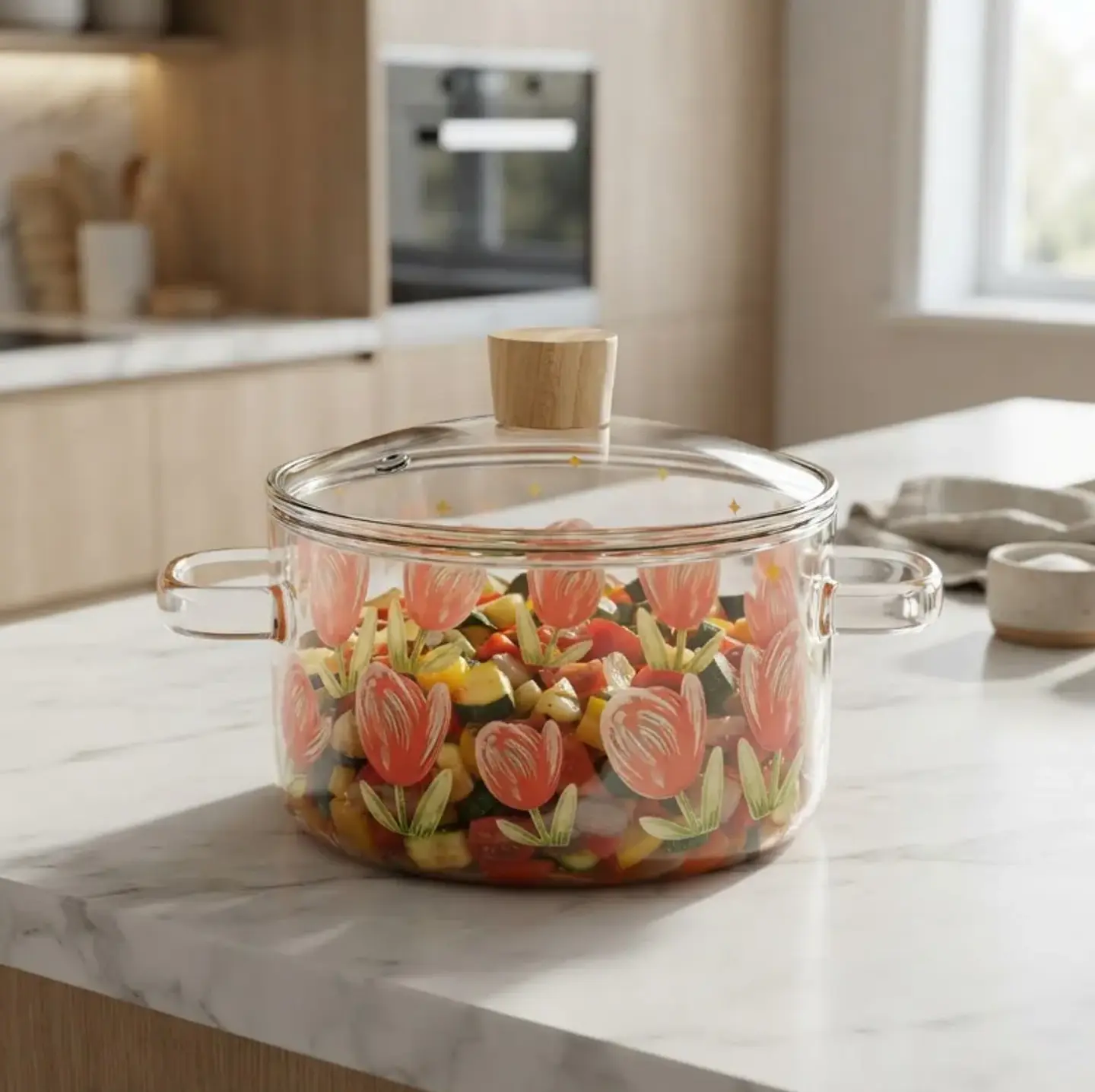 Olla De Vidrio 2.5 L Diseño De Tulipanes Y Doble Asa 3
