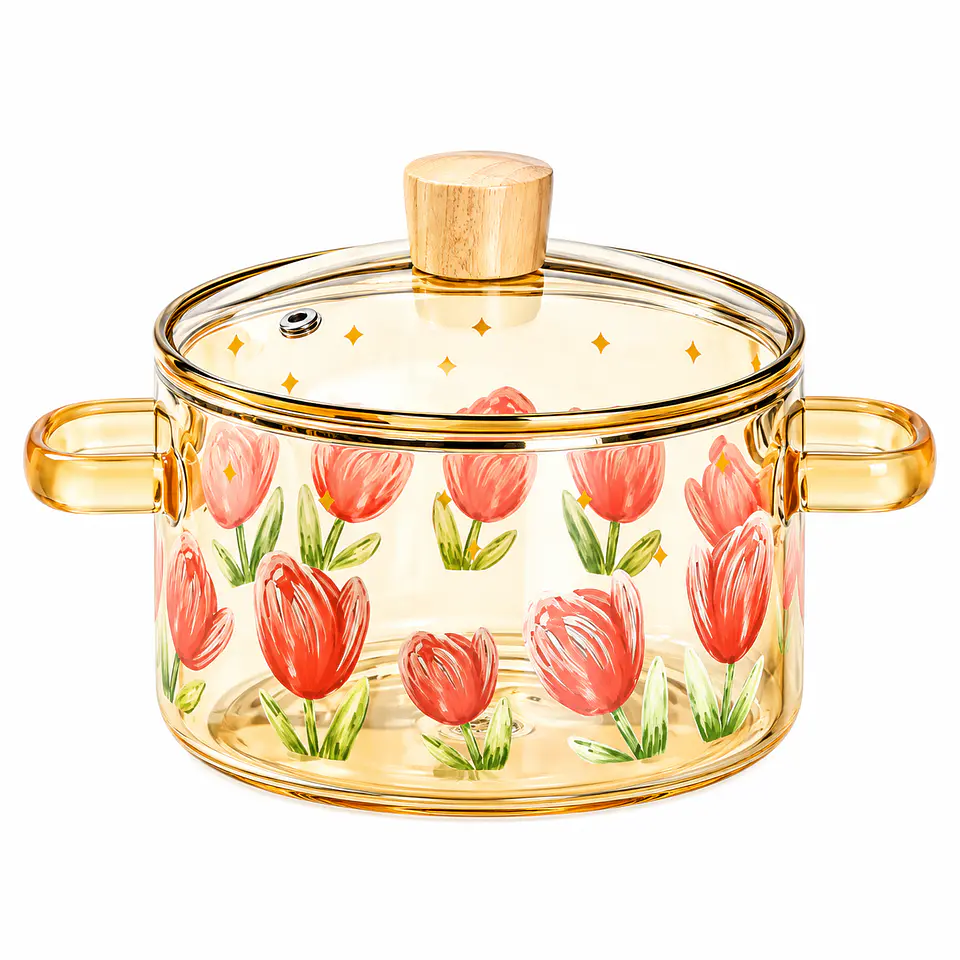 Olla De Vidrio 2.5 L Diseño De Tulipanes Y Doble Asa 5