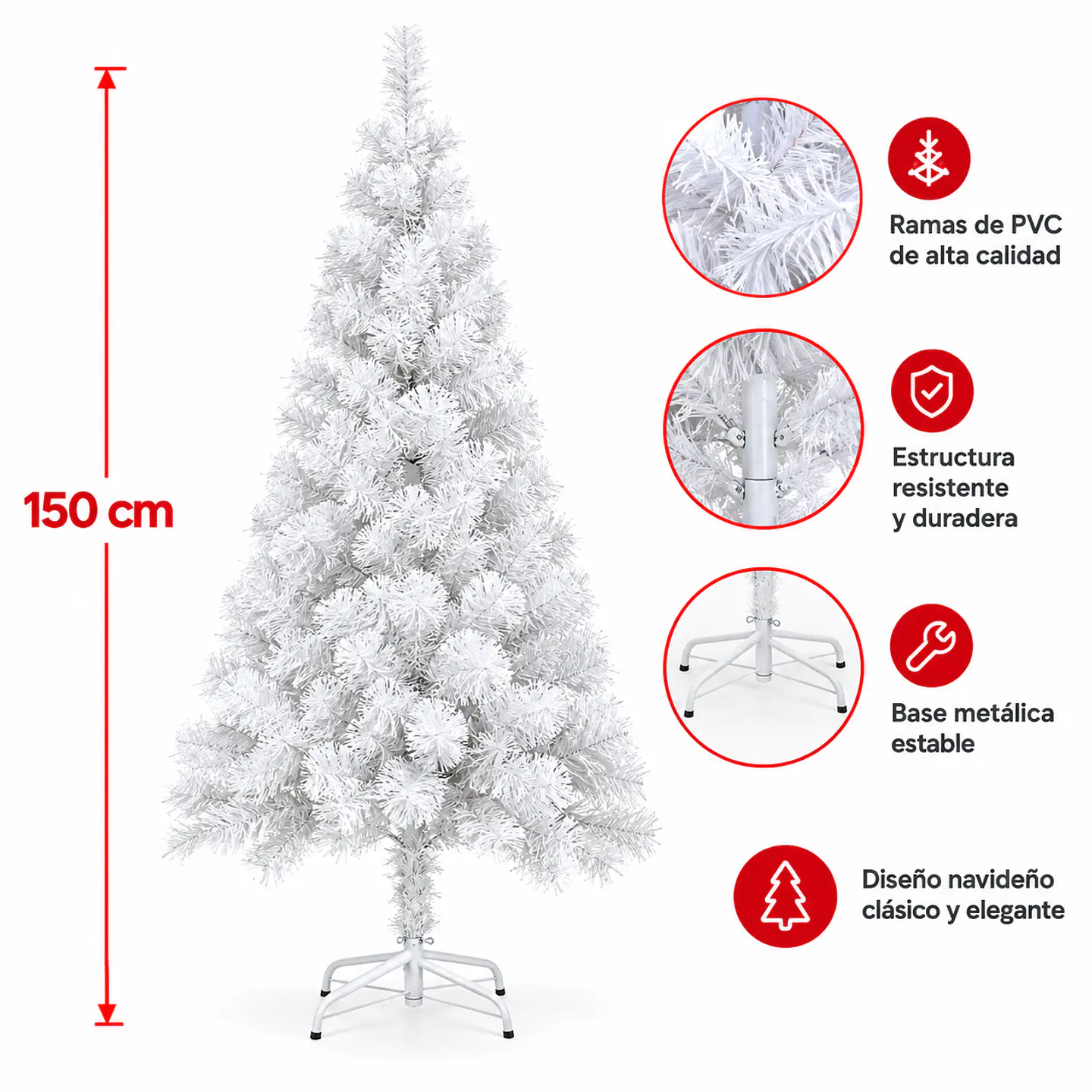 Árbol de Navidad blanco 150 cm con ramas de PVC y base metálica 5
